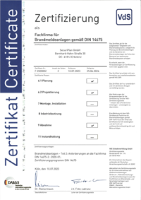 Zertifikat DIN 14675 SecuriPlan GmbH
